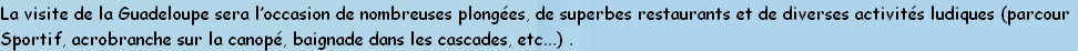 La visite de la Guadeloupe sera l’occasion de nombreuses plongées, de superbes restaurants et de diverses activités ludiques (parcour
Sportif, acrobranche sur la canopé, baignade dans les cascades, etc...) .