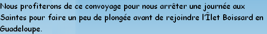 Nous profiterons de ce convoyage pour nous arrêter une journée aux 
Saintes pour faire un peu de plongée avant de rejoindre l’Îlet Boissard en
Guadeloupe.